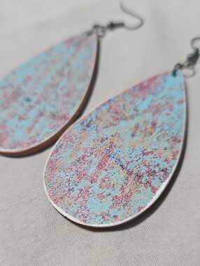 Handcrafted Teardrop Pastel Teal Blue & Rust Colored Dangle Earrings - Wooden